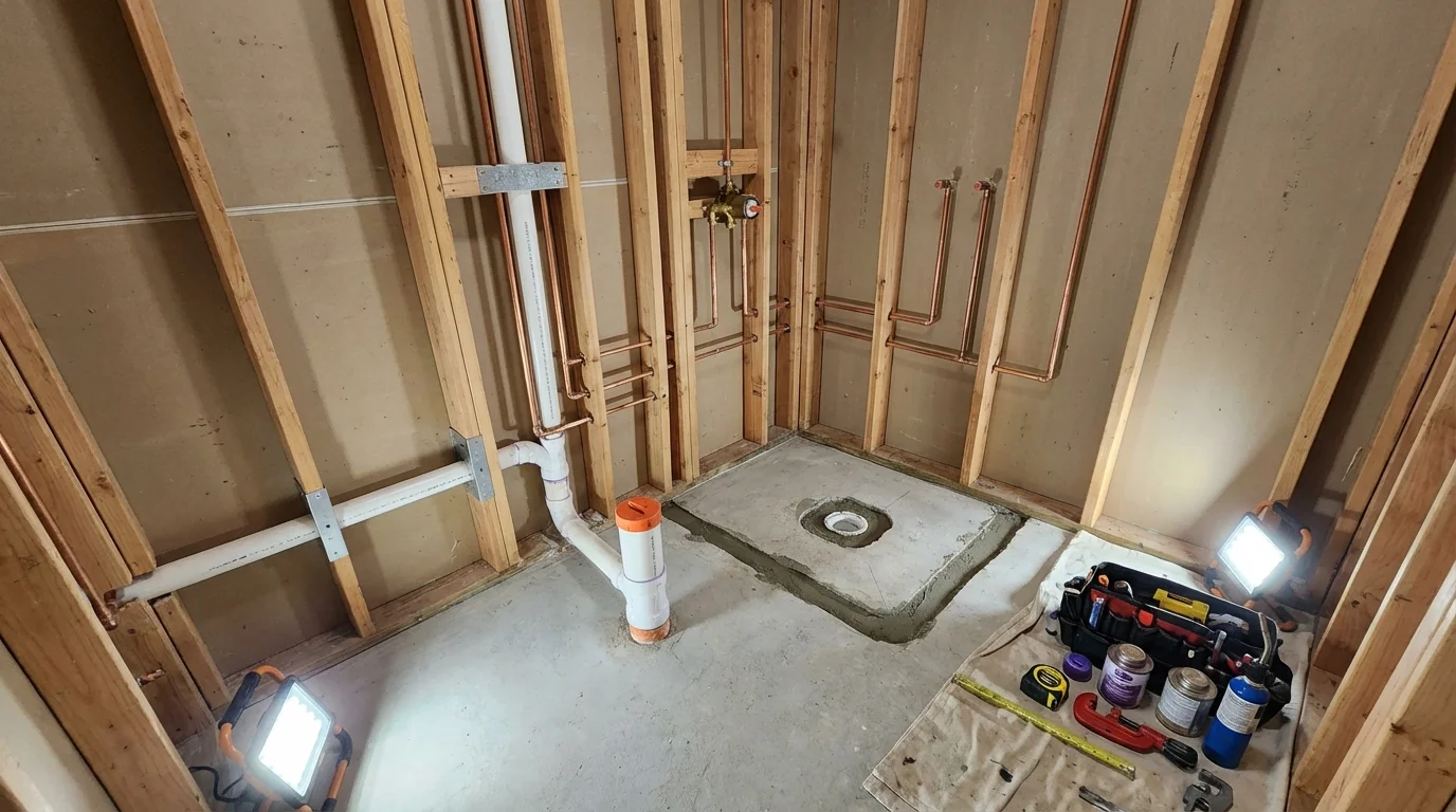 Bathroom rough-in plumbing during remodel by Johns Plumbing LLC in Beaver Falls