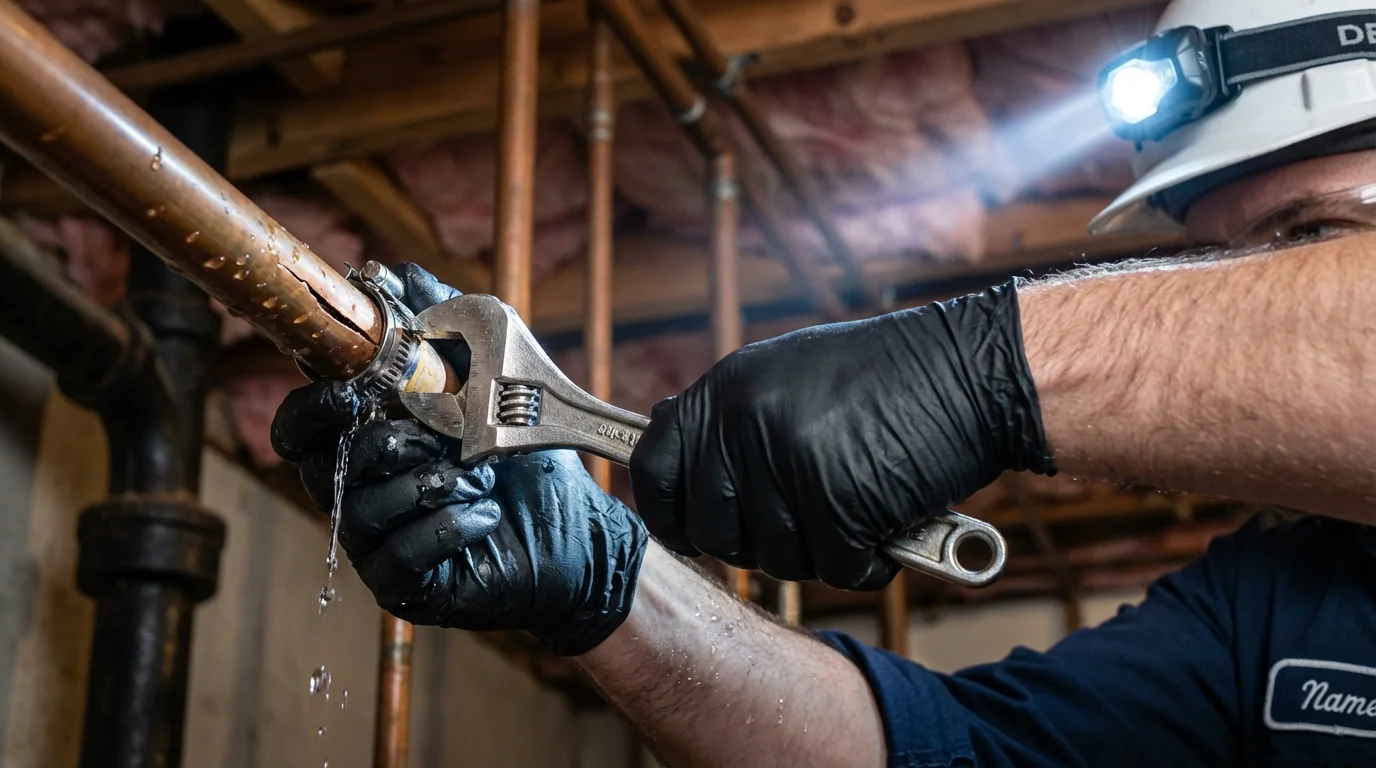 Emergency pipe clamp repair being performed by a Johns Plumbing LLC plumber in Beaver Falls