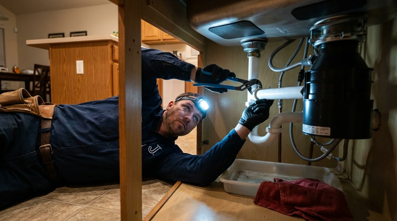 P-trap and supply line connections under a kitchen sink showing a common leak point in Beaver Falls, PA
